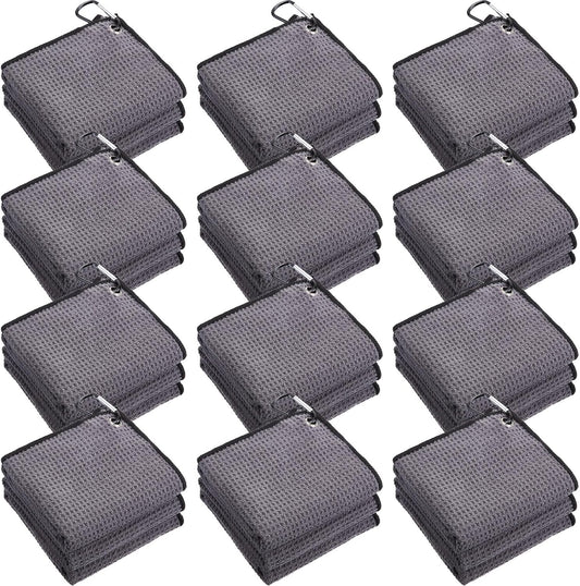 Batiyeer 12 Pcs Golf Towel Bulk for Golf Bags 16'' x 16'' Microfiber Fabric Towel with Clip Waffle Pattern, Fitness, Camping, Hiking, Yoga