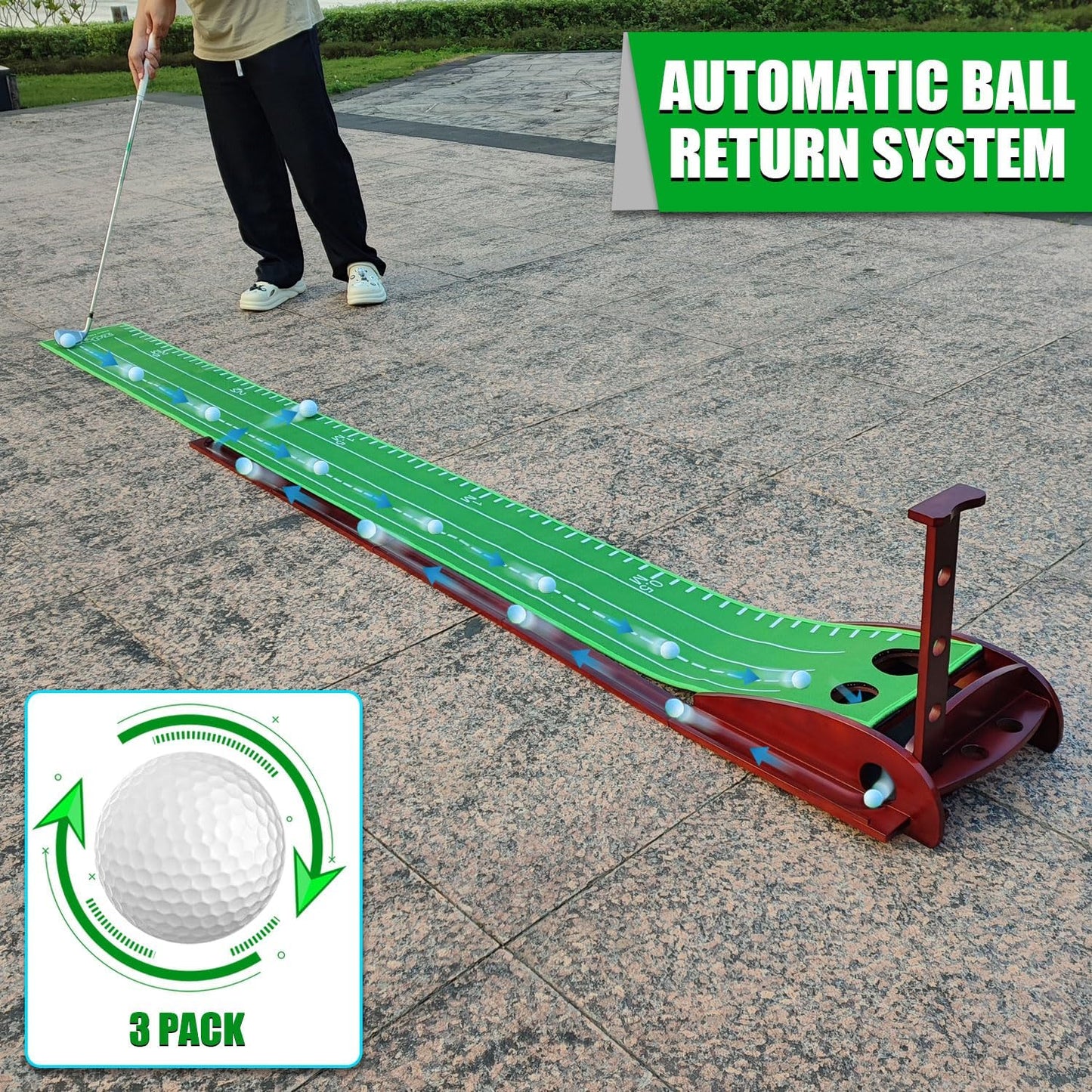 Putting Mat - Indoor Green With Auto Ball Return and 3 Balls for Golf Games & Practicing at Home, Office, Backyard, Great Gift for Families and Friends