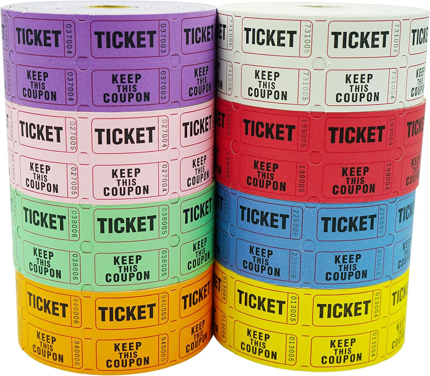 DNB 8000 Pairs Raffle Tickets - 8 Color Set of 1000 2 x 2 Inch 50/50 Double Roll Raffle Tickets - Pink/Red/White/Green/Blue/Yellow/Orange/Purple