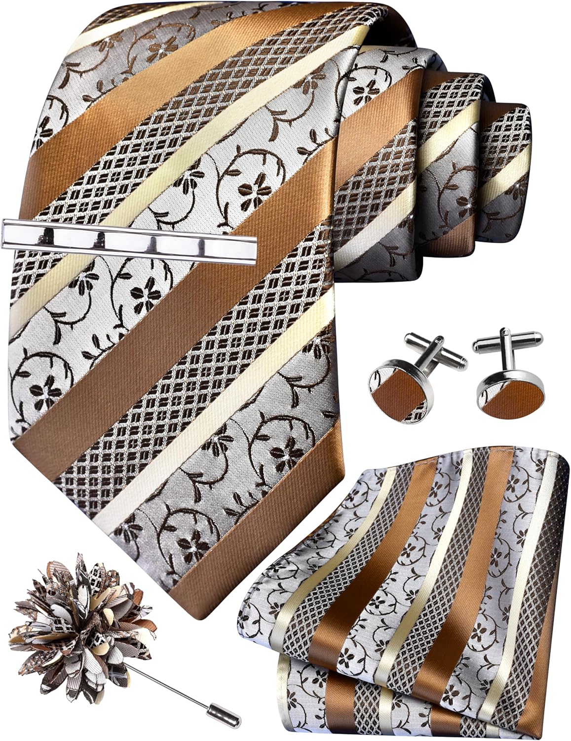 GUSLESON Tie Set for Men Necktie and Pocket Square,Tie Clip,Cufflinks, Lapel Pin Sets with Gift Box 5PCS