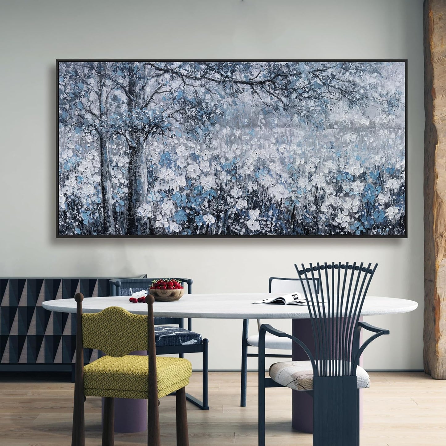 Canvas Wall Art Frame for Modern Living Room 29x58 Inches - Large Elegant Blue and White Tree Flower Landscape Picture Artwork for Bedroom, Dining Room, Home Office Decor