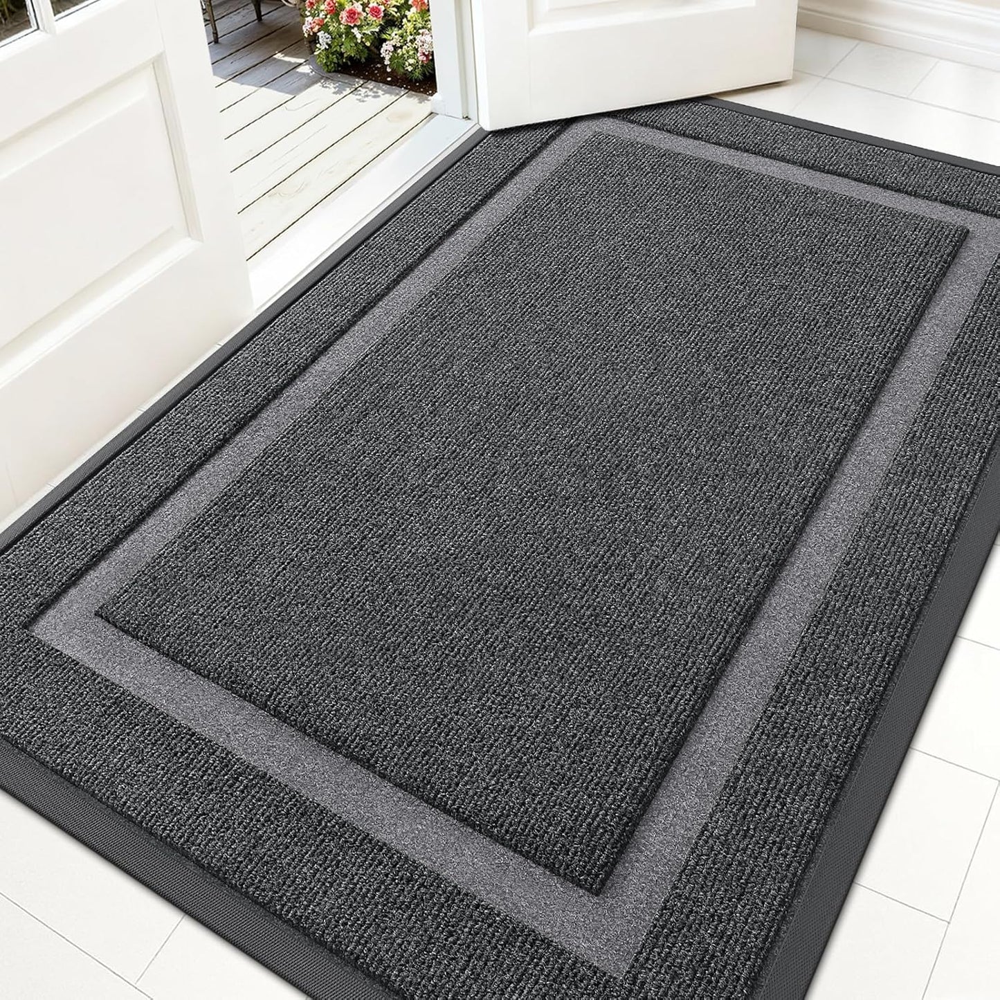 OLANLY Front Door Mat Indoor Outdoor Entrance, Waterproof All-Season, All-Weather Doormat, Sturdy Natural Rubber, Fade Resistant, Low Profile, Easy Clean Patio Porch Entryway Mat, 59x30, Grey