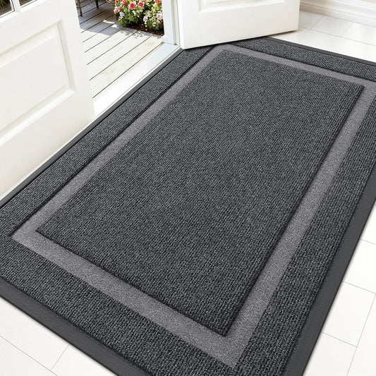 OLANLY Front Door Mat Indoor Outdoor Entrance, Waterproof All-Season, All-Weather Doormat, Sturdy Natural Rubber, Fade Resistant, Low Profile, Easy Clean Patio Porch Entryway Mat, 59x30, Grey