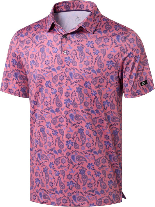 Obla Mens Golf Polo Shirts Short Sleeve Dry Fit Performance Moisture Wicking Casual Print Collared Golf Shirts for Men