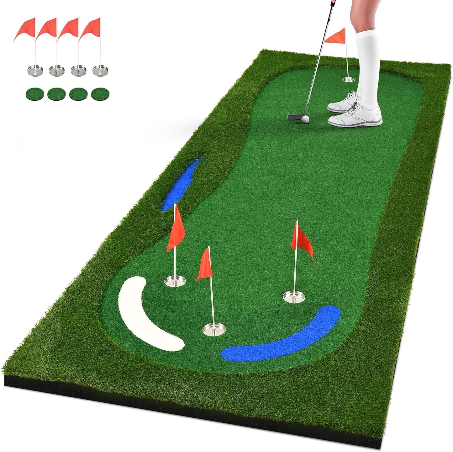Golf Putting Green, Professional Grade Large Golfing Putting Mats with Sand Pit and Water Hazard for Indoor Outdoor