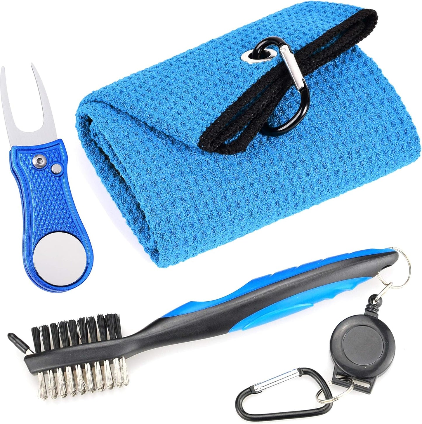 Mile High Life Microfiber Waffle Pattern Golf Towel | Club Groove Cleaner Brush | Foldable Divot Tool with Magnetic Ball Marker (Blue Towel/Brush/Bone Divot)