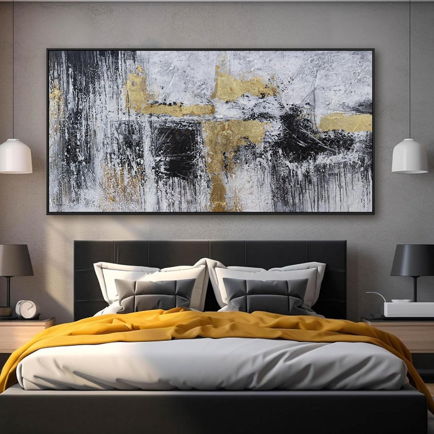 Large Abstract Wall Art Wall Decor Bedroom Pictures Artwork Black And Gold Wall Decor Artwork Modern Painting Wall Decoration Pictures For Living Room Home Kitchen Office 29x58 Inch Framed
