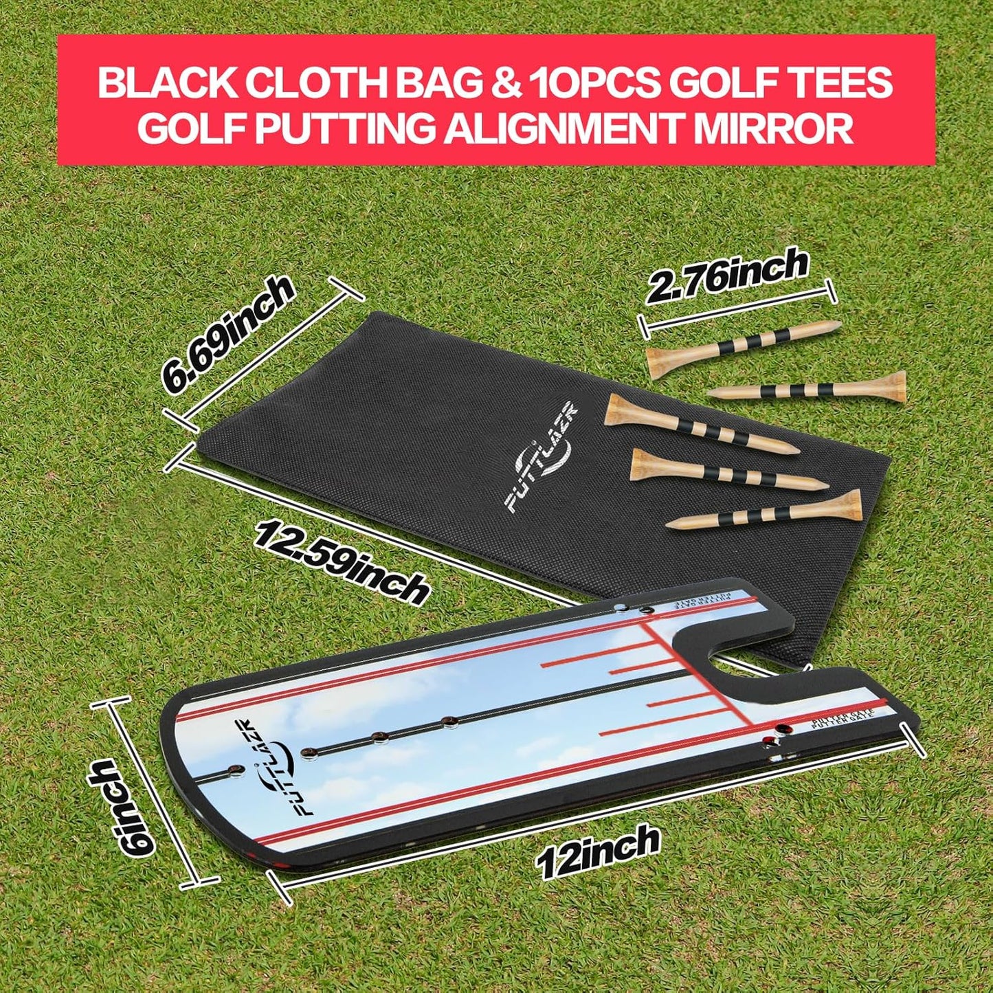 Golf Putting Mirror with 6 Tees, Putting Mirror Training Aid for Golf Practice Putting Trainer, Golf Gifts for Men