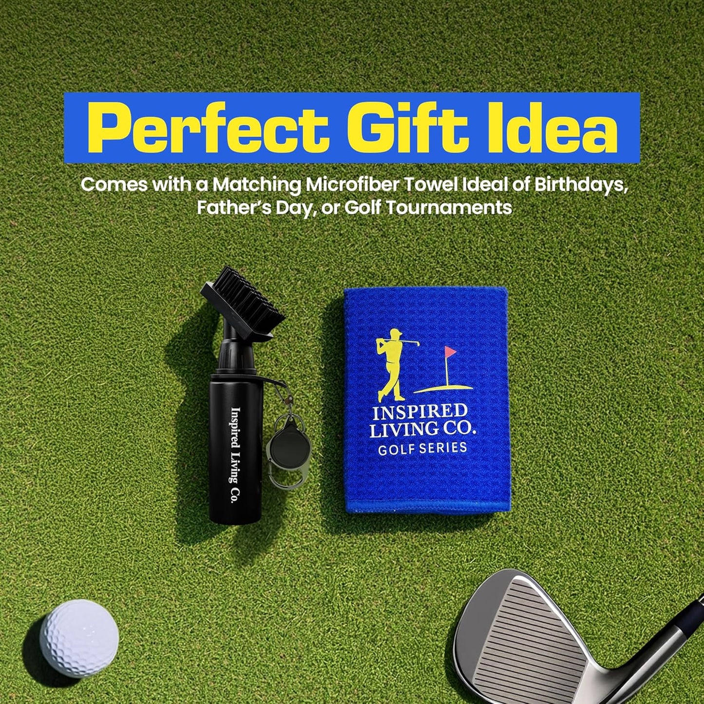 Inspired Living Co. Golf Club Cleaner Kit – Premium Golf Club Brush with Groove Cleaner & Microfiber Golf Towel – Golf Club Cleaning Kit for Men – Essential Golf Brush Tool & Golf Gift for Golfers