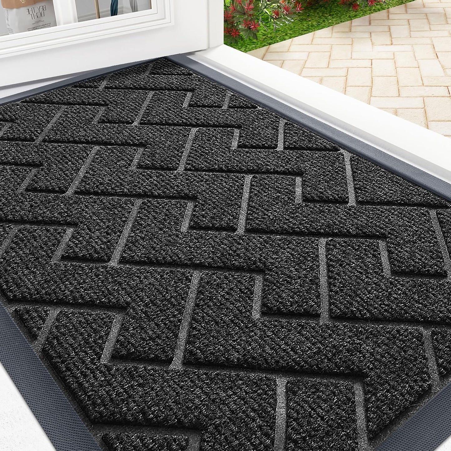 OLANLY Front Door Mat Indoor Outdoor Entrance, Waterproof All-Season, All-Weather Doormat, Sturdy Natural Rubber, Low Profile, Easy Clean Patio Porch Entryway Mat, Herringbone Brick (Black, 71x23)