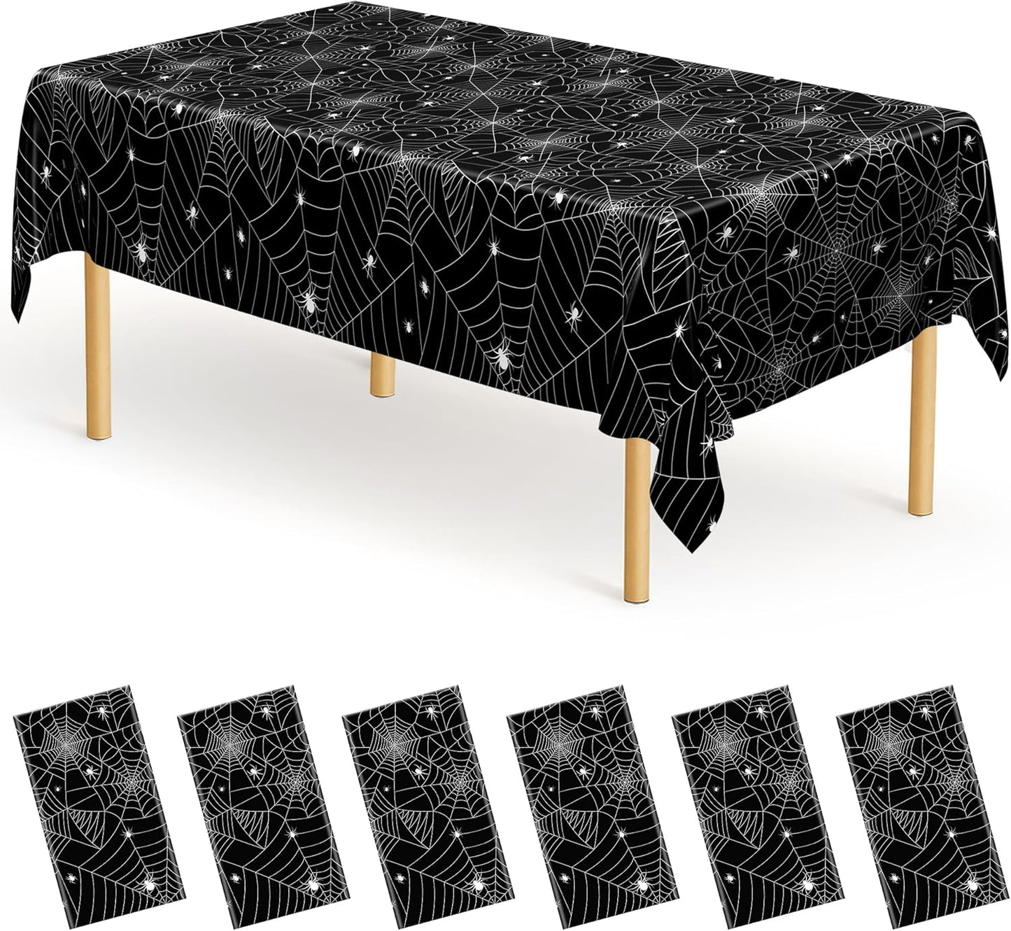 QZYL 6 PCS Spider Web Table Cloth, 54" x 108" Halloween Party Supplies, Black Plastic Tablecloth Disposable Table Cover, Halloween Birthday Party Decorations Decor Dinnerware Home