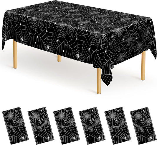 QZYL 6 PCS Spider Web Table Cloth, 54" x 108" Halloween Party Supplies, Black Plastic Tablecloth Disposable Table Cover, Halloween Birthday Party Decorations Decor Dinnerware Home