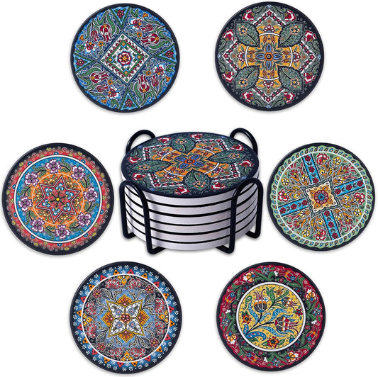 Coasters Absorbent Ceramic Coaster Drink Coasters with Cork Back Turkish Pattern Set of 6 Round Coaster Non Slip for Coffee Table Wine Glass Home Bar 4 Inch, Colorful