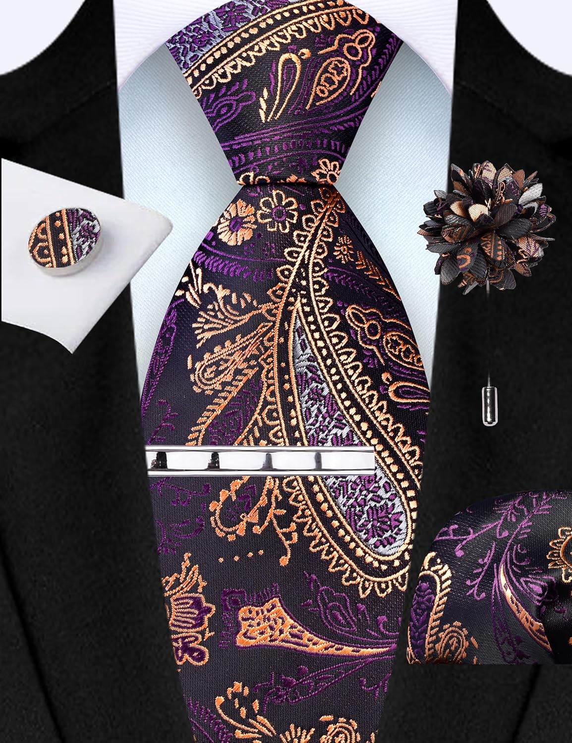 GUSLESON Tie Set for Men Necktie and Pocket Square,Tie Clip,Cufflinks, Lapel Pin Sets with Gift Box 5PCS