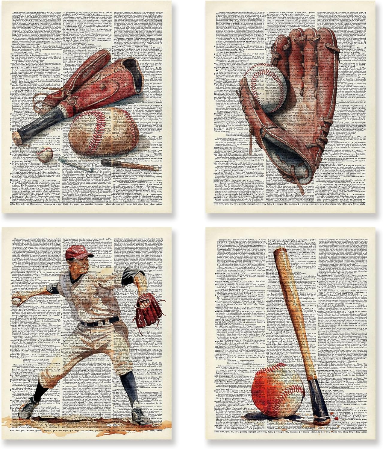 KSDUT Retro Baseball Wall Decor Art Set of 4 - Vintage Artwork Poster Prints Gym Club Wall Decor Baseball Gifts Wall Art for Office Games Sports Room Decorations - 8"x10" Unframed