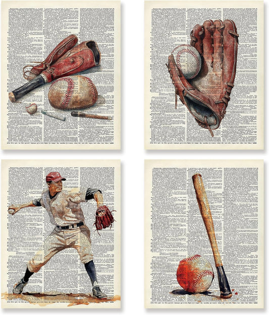 KSDUT Retro Baseball Wall Decor Art Set of 4 - Vintage Artwork Poster Prints Gym Club Wall Decor Baseball Gifts Wall Art for Office Games Sports Room Decorations - 8"x10" Unframed