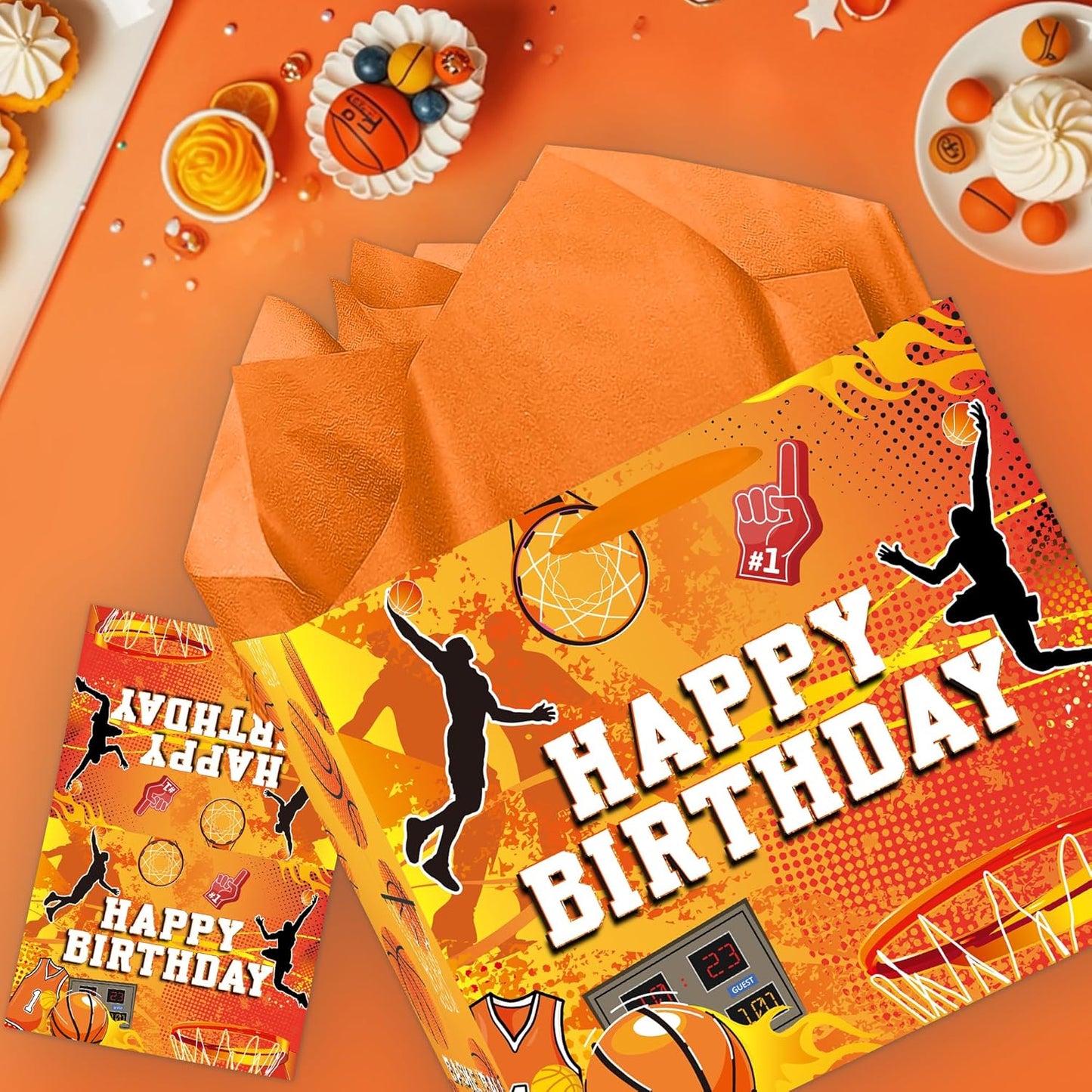 EoBeCy Basketball Birthday Gift Bags with Handles, Tissue Paper and Card, Orange Happy Birthday Wrapping Paper, Large Basketball Gift Bags for Teen Boys Girls Kids Men Sports Themed Party Favors