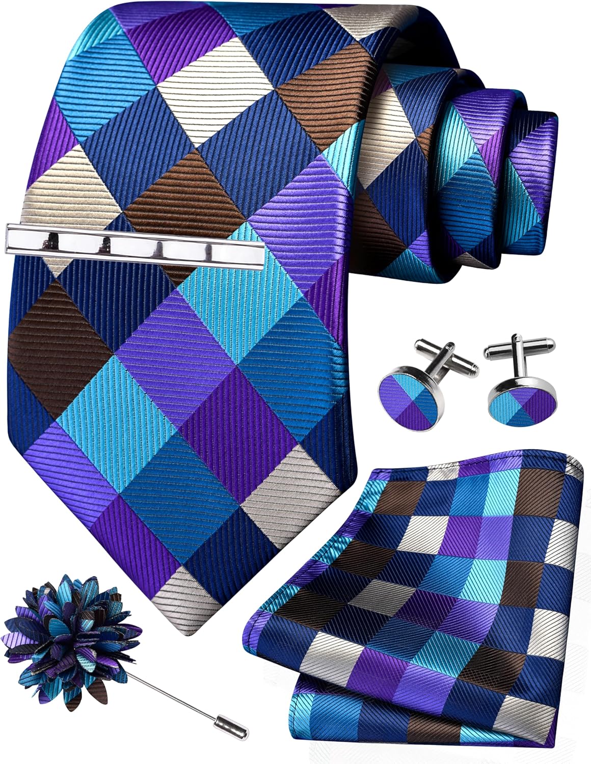 GUSLESON Tie Set for Men Necktie and Pocket Square,Tie Clip,Cufflinks, Lapel Pin Sets with Gift Box 5PCS