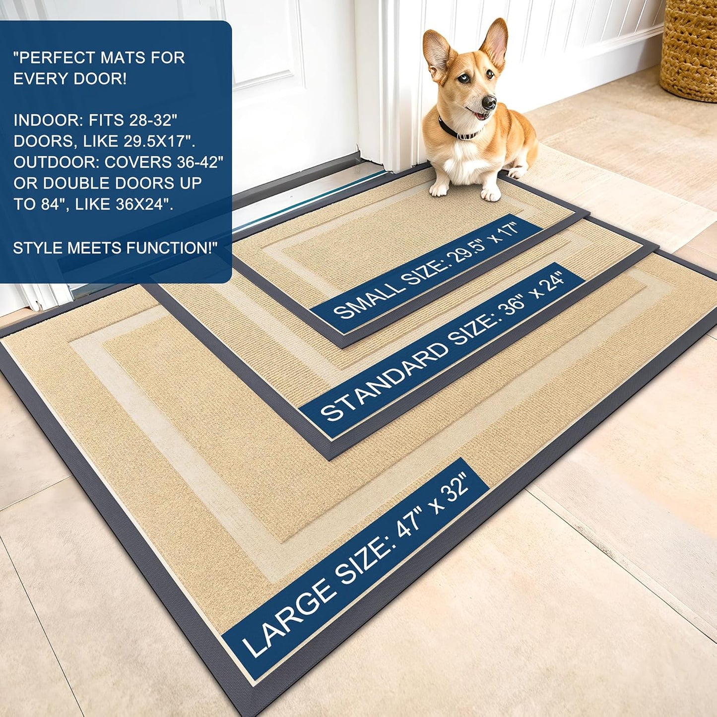 OLANLY Front Door Mat Indoor Outdoor Entrance, Waterproof All-Season, All-Weather Doormat, Sturdy Natural Rubber, Fade Resistant, Low Profile, Easy Clean Patio Porch Entryway Mat, 47x23, Beige