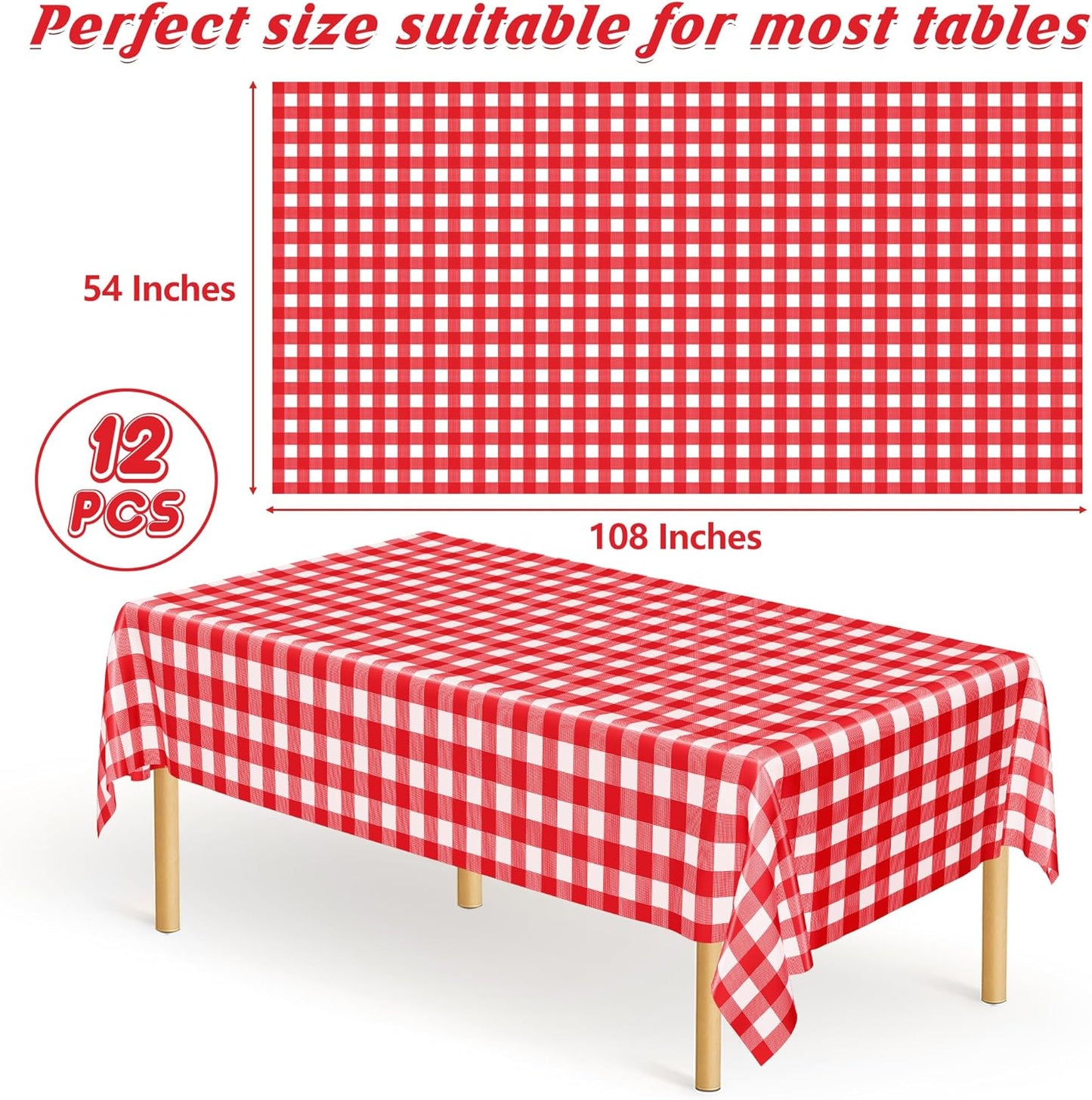 12Pack 54" x 108" Table Cloth Rectangle Table, Waterproof Plastic Table Cloth Ddisposable, Red and White Checkered Tablecloth Table Cover for Outdoor Picnic Birthday Party Gathering BBQ Holiday Dinner