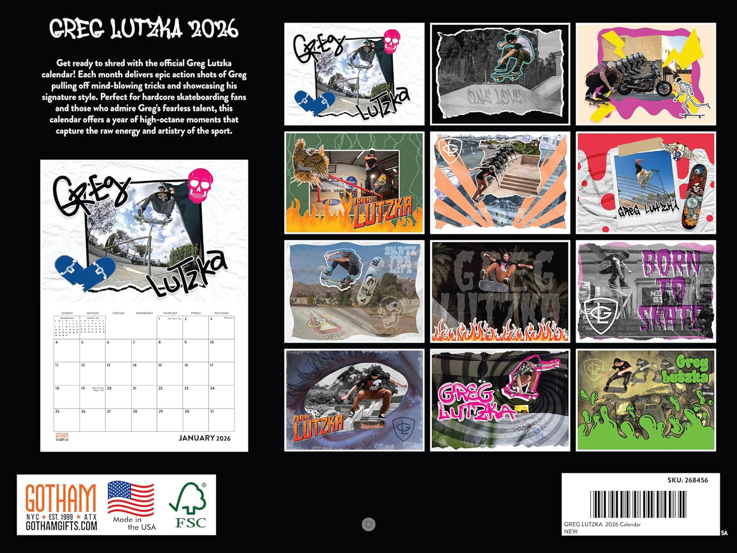 Greg Lutzka Skateboard Calendar 2026 Monthly Wall Calender 12 Month | American Made In The USA
