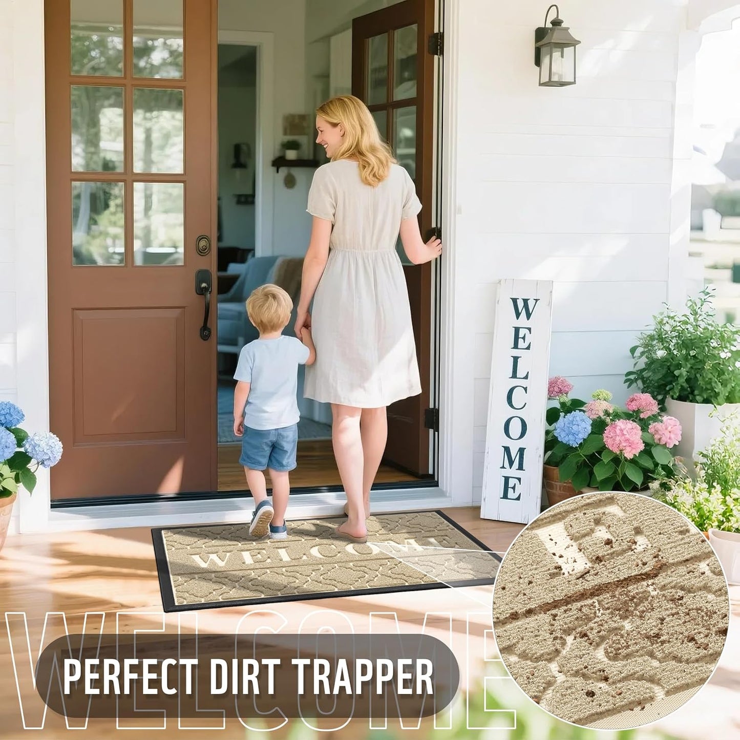 Yimobra Welcome Mat Outdoor Indoor, All-Season Waterproof Front Door Mat Outside Entrance, All-Weather Heavy Duty Non-Slip Doormat, Low Profile Porch Patio Entrance Mats, 47x24, Beige