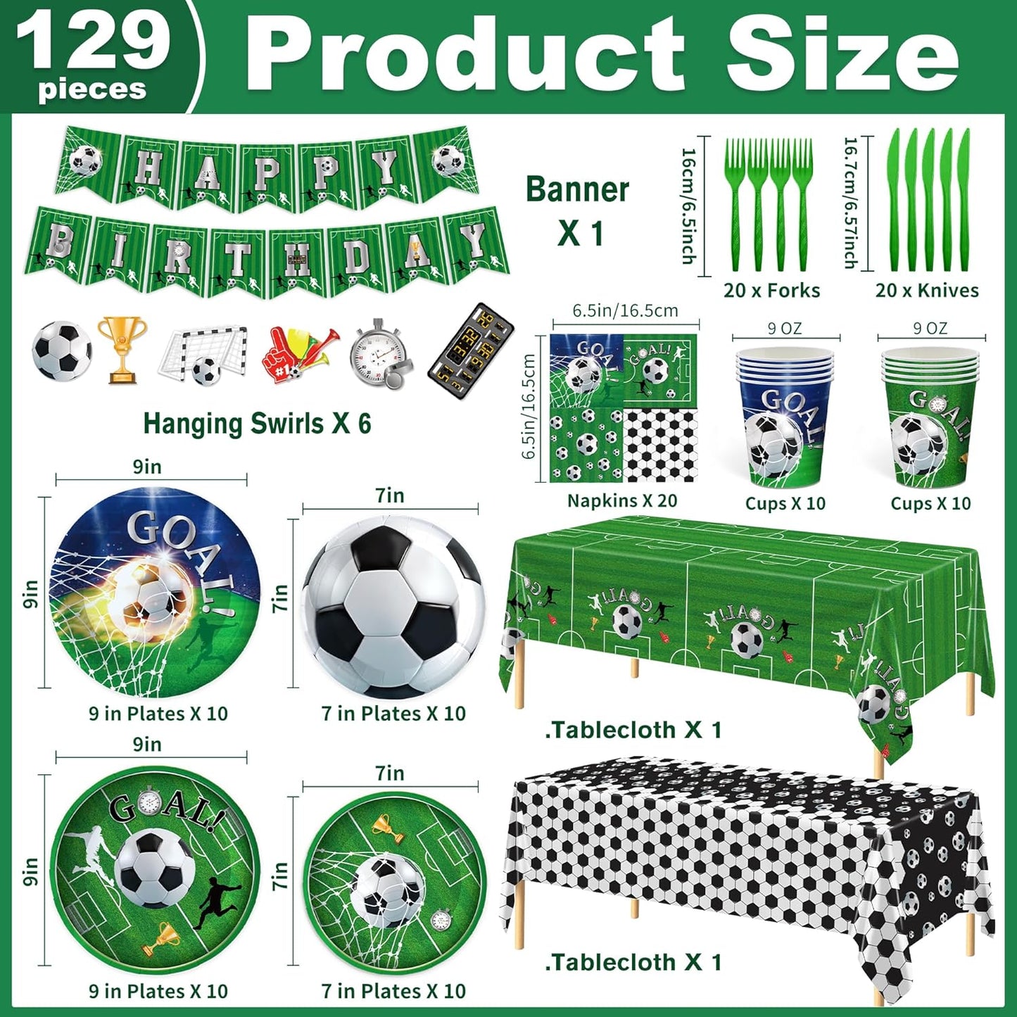 129pcs Football Birthday Party Supplies Football Party Decorations Plates Napkins Tablecloth Banner Hanging Swirls for Football Birthday & Tailgate Party Decorations Serves 20