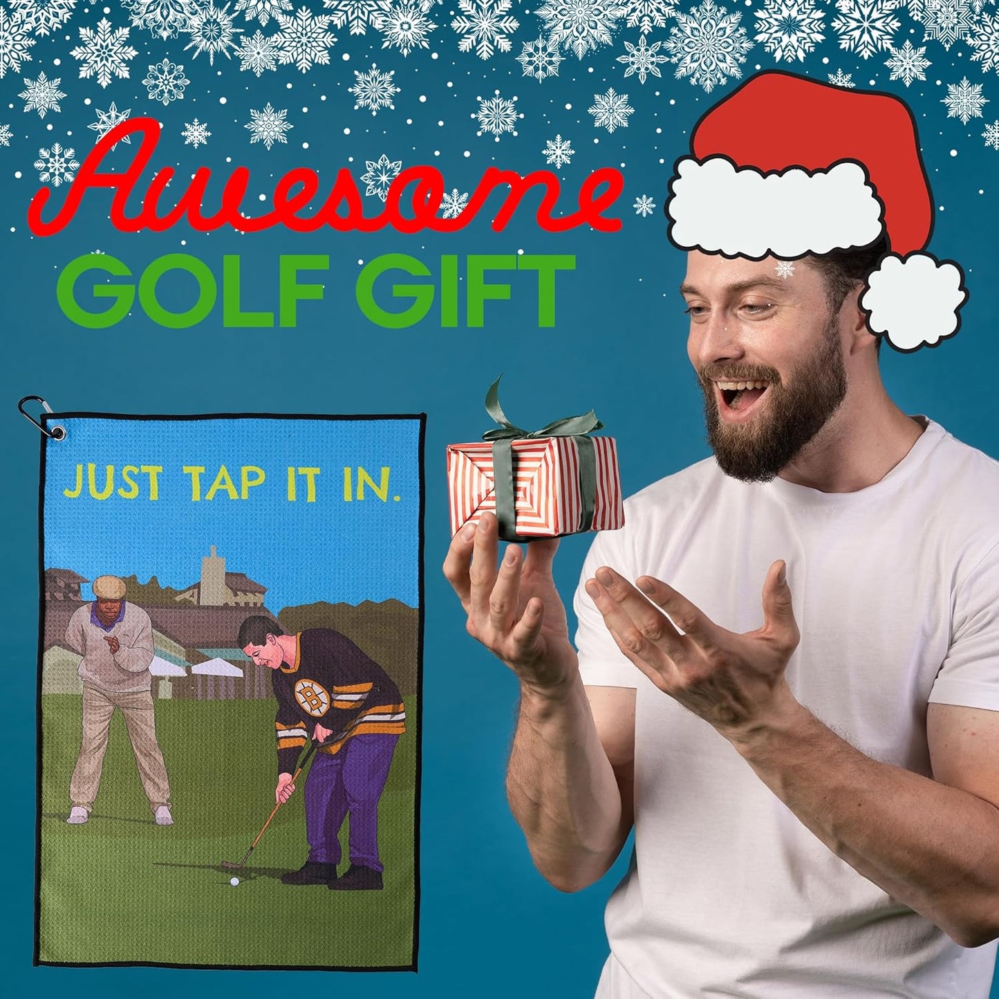 ZEETY Funny Golf Towel – 16" x 24" Premium Microfiber with Clip Holder for Golf Bags – Golf Accessories & Gifts for Men and Women (JUST TAP IT in)