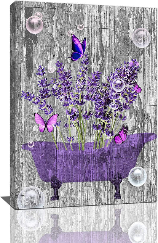 Lavender Bathroom Decor Wall Art Purple Farmhouse Bathroom Pictures for Wall Rustic Butterfly Bathtub Artwork Vintage Country Bathroom Grey White Painting Framed Bath Laundry Decorations 16"x24"