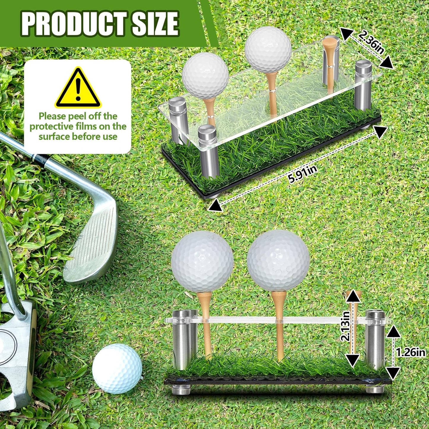 Menkxi Acrylic Metal Golf Ball Holder Display Case with Black Base and Turf Golf Ball Stand Display Box for Golf Decoration(5.91 Inch)