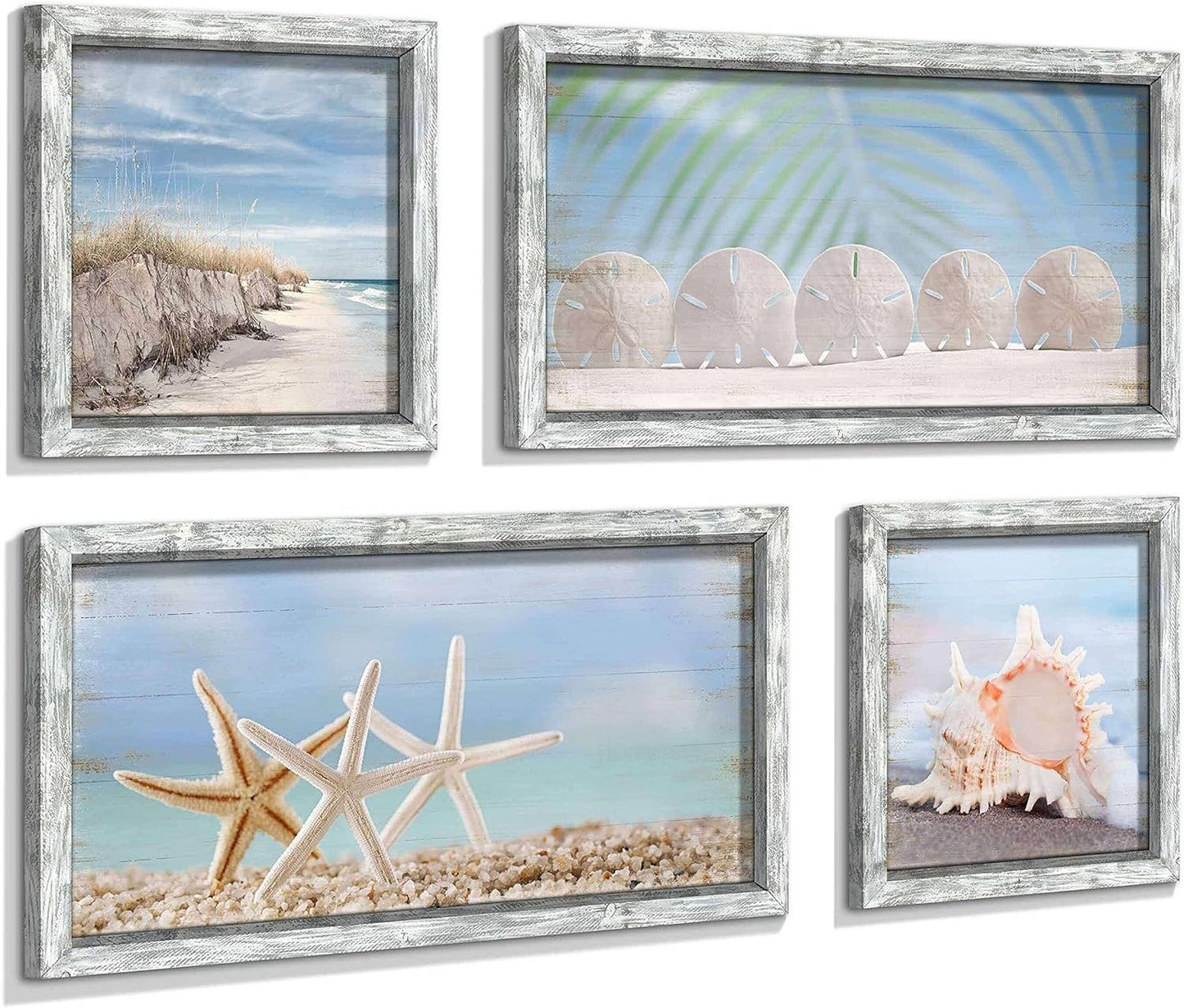 Starfish Prints Wooden Wall Art: Ocean Art Set of 4 Seashell Pictures Collection Beach Framed Wall Decor for Bedroom Overall 36"W x 24"H
