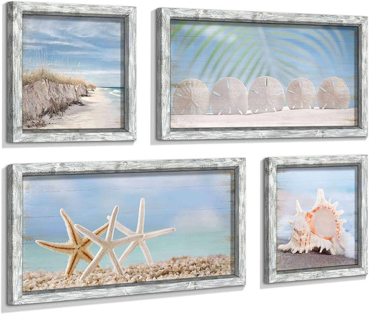 Starfish Prints Wooden Wall Art: Ocean Art Set of 4 Seashell Pictures Collection Beach Framed Wall Decor for Bedroom Overall 36"W x 24"H