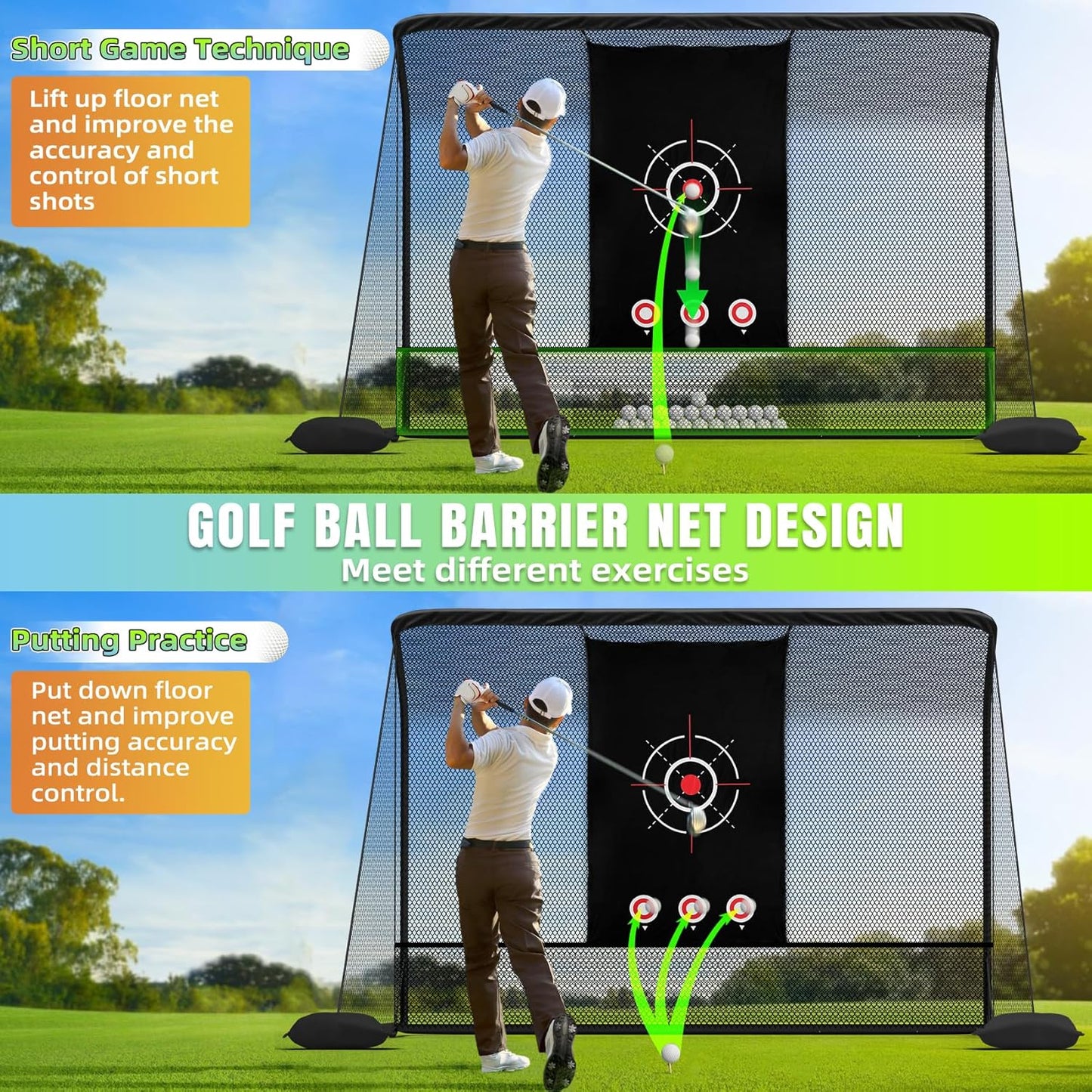 10x7FT Golf Practice Hitting Net, Heavy Steel Frame, Side Barriers, Low-Noise Target Cloth, for Backyard Driving Chipping Swing Training, Indoor/Outdoor Driving Range with Carry Bag