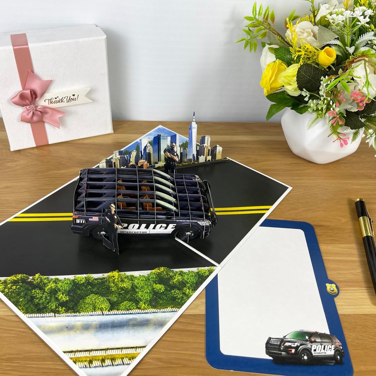 3D Police Car Popup Card - Handmade Law Enforcement Paper Art for Birthday, Anniversary, Christmas, Father’s Day - Greeting Card Gift for Him, Her, Dad, Son, Husband, Wife, Police Officer