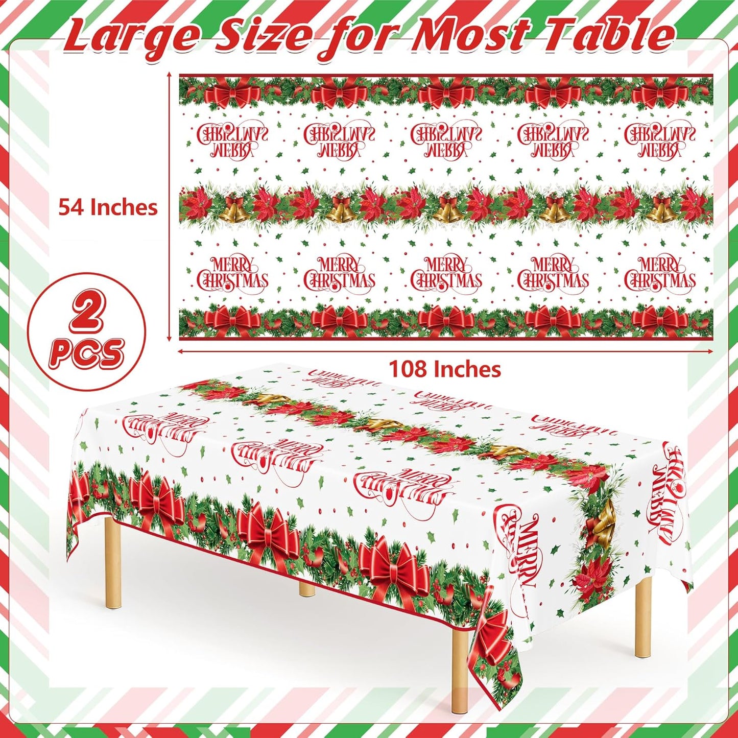 QZYL 2 Pack Christmas Tablecloths, 54" x 108" Xmas Plastic Table Cloth, Poinsettia Holly Bells Design Holiday Disposable Tablecover Rectangle Tablecloth, Christmas Decor Holiday Table Decorations