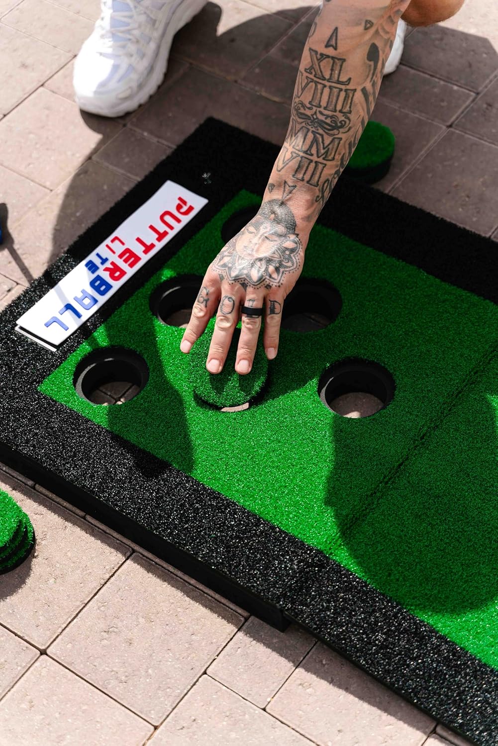 PutterBall Lite Original Golf Putting Game Set – Backyard 9 ft Putting Green Pong Style Golf Mat with 2 Putters, 2 Balls & Hole Covers