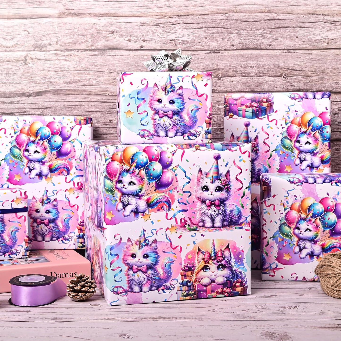 Vnaaem Cat Birthday Wrapping Paper Roll for Girls Kids - Colorful Cat and Confetti Design Gift Wrap for Holiday Party Baby Shower Wedding Birthday - 17 in x 20 ft(Total 28.5sq.ft)