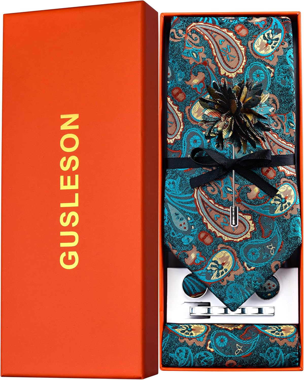 GUSLESON Tie Set for Men Necktie and Pocket Square,Tie Clip,Cufflinks, Lapel Pin Sets with Gift Box 5PCS