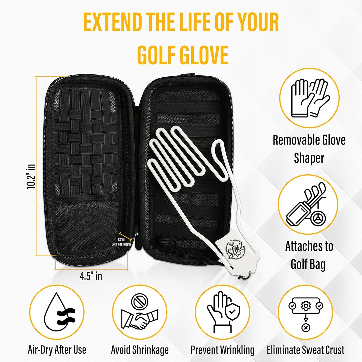 Accessory Case - Golf Bag Organizer. Airtight, Water-Resistant, Protective Hard Case for Phone, Tees, Ball Markers, Repair Tools, and Golf Essentials. Removable Golf Glove Hanger/Dryer