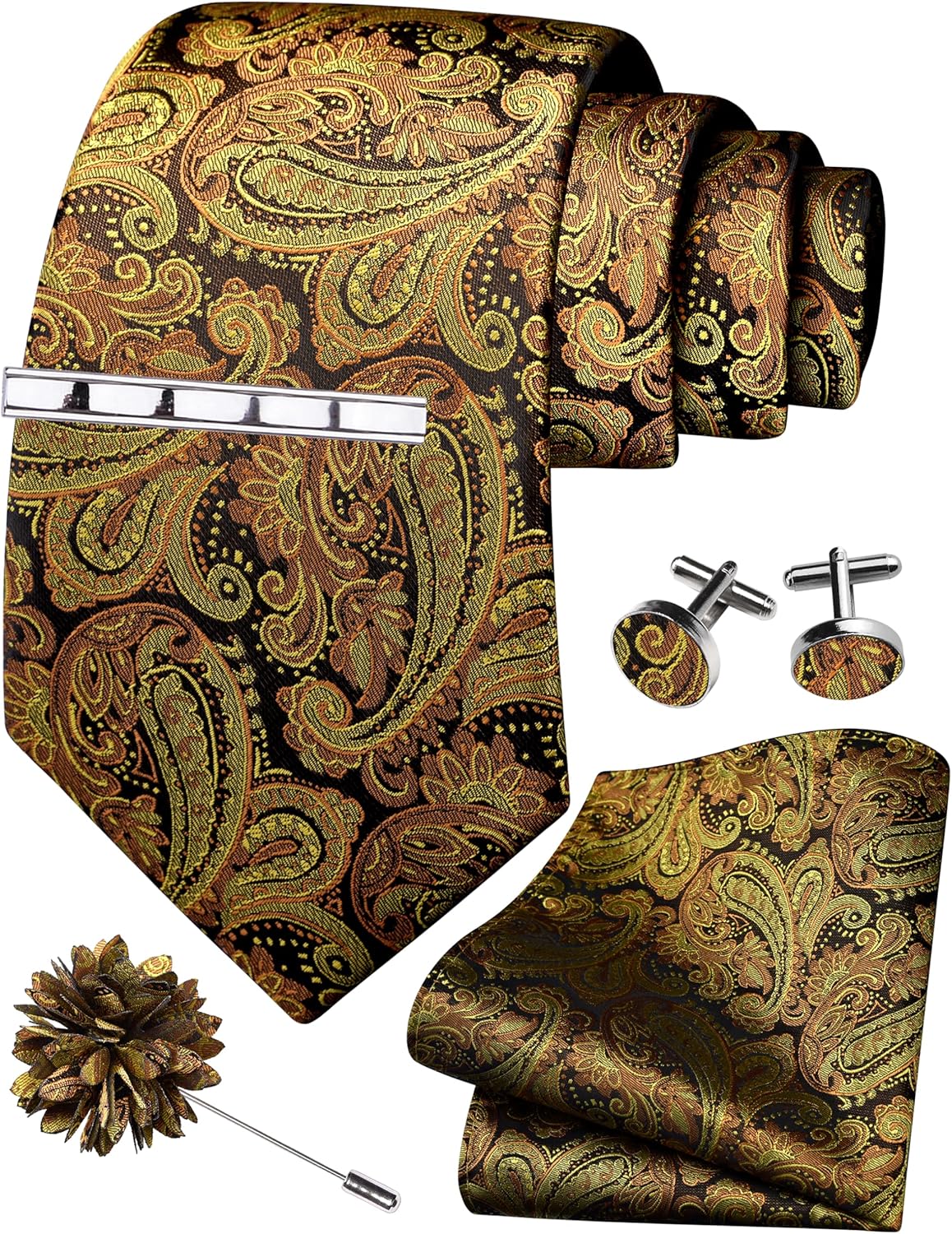 GUSLESON Tie Set for Men Necktie and Pocket Square,Tie Clip,Cufflinks, Lapel Pin Sets with Gift Box 5PCS