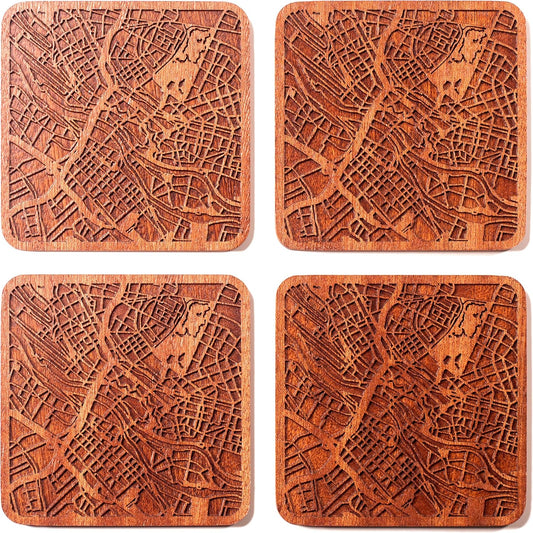 Bremen Map Coaster by O3 Design Studio, Set Of 4, Sapele Wooden Coaster With City Map, Handmade