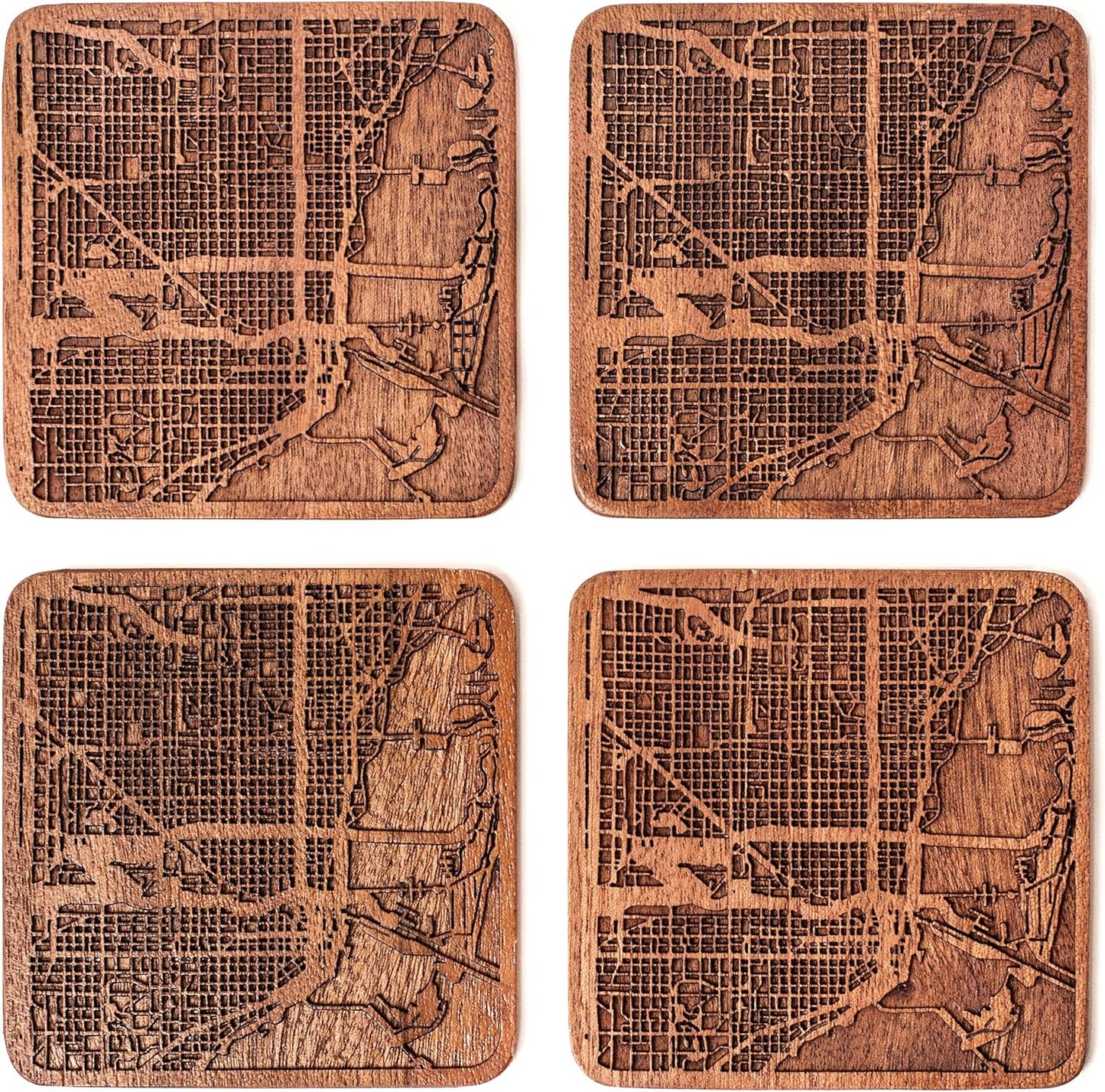 Miami Map Coaster by O3 Design Studio, Set Of 4, Sapele Wooden Coaster With City Map, Handmade