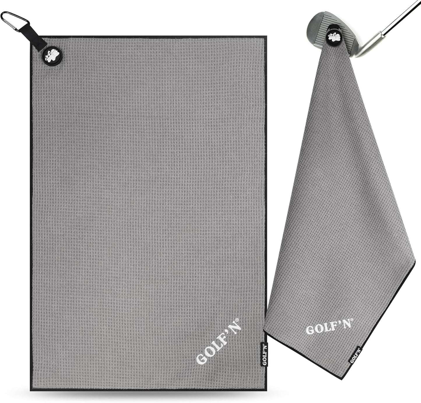 Golf'N Microfiber Towel - Magnetic Golf Towel Dark Gray 16" x 24" Golf Towels for Golf Bags with N52 Heavy Duty Magnets, Carabiner Clip & Cross Stitched Reinforced Loop, Premium Golf Accessories