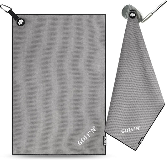 Golf'N Microfiber Towel - Magnetic Golf Towel Dark Gray 16" x 24" Golf Towels for Golf Bags with N52 Heavy Duty Magnets, Carabiner Clip & Cross Stitched Reinforced Loop, Premium Golf Accessories