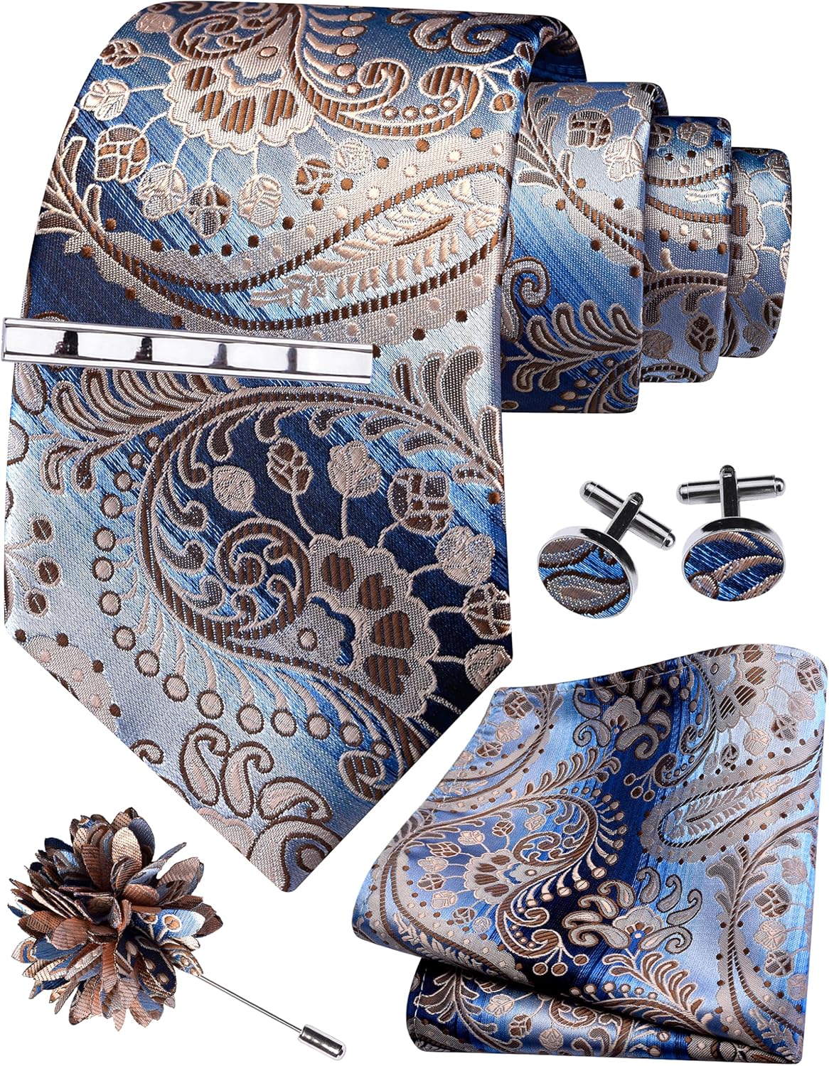 GUSLESON Tie Set for Men Necktie and Pocket Square,Tie Clip,Cufflinks, Lapel Pin Sets with Gift Box 5PCS