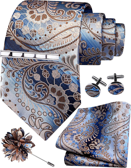 GUSLESON Tie Set for Men Necktie and Pocket Square,Tie Clip,Cufflinks, Lapel Pin Sets with Gift Box 5PCS