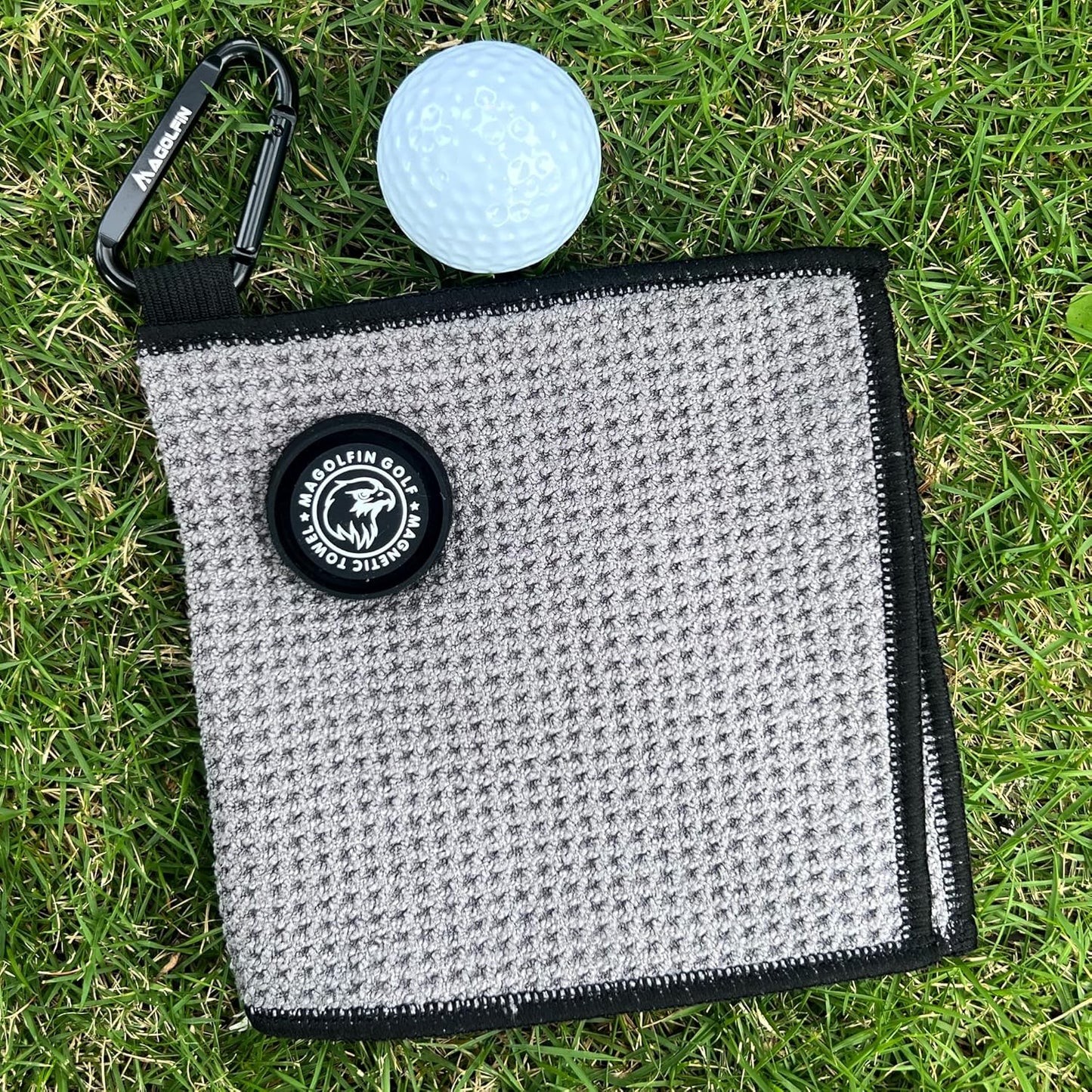 Small Magnetic Golf Towel with Clip, Microfiber Waffle Design - Industrial Strength Magnet for Glof Balls, Golf Bags, Carts Clubs - Gray