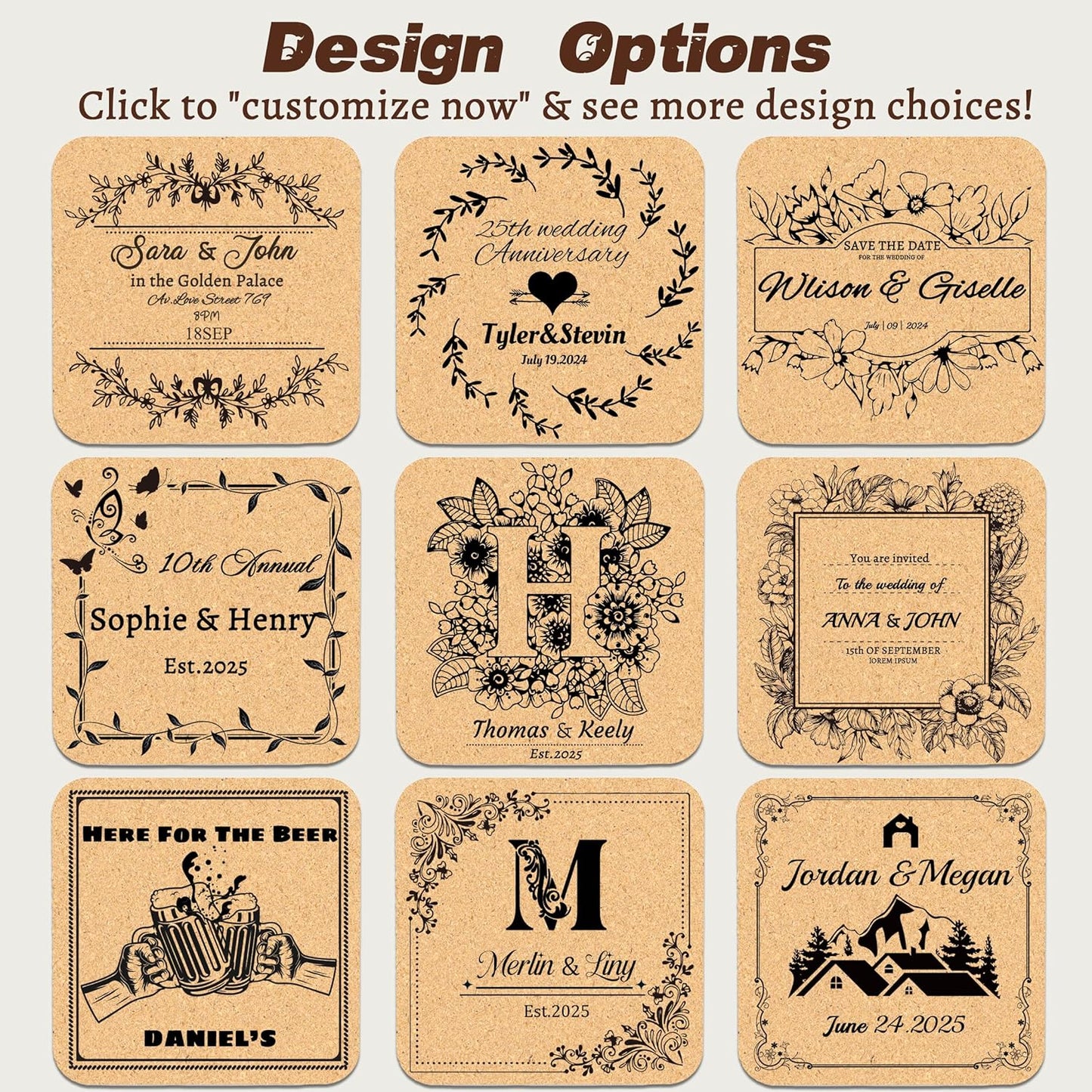 30-100Pcs Personalized Coasters, Custom Cork Drink Coasters with Laser Engraved Text Name Logo, Non-Slip, Heat-Resistant, Custom Wedding, Anniversary, Housewarming Gifts (Suqare Version)