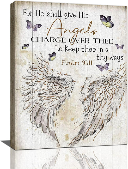 Scripture Psalm 91 Wall Art Christian Angel Wings Pictures Wall Decor Bible Verse Canvas Painting Print Artwork Abstract Modern Home Decorations Framed Ready to Hang for Office Living Room 16"x20"