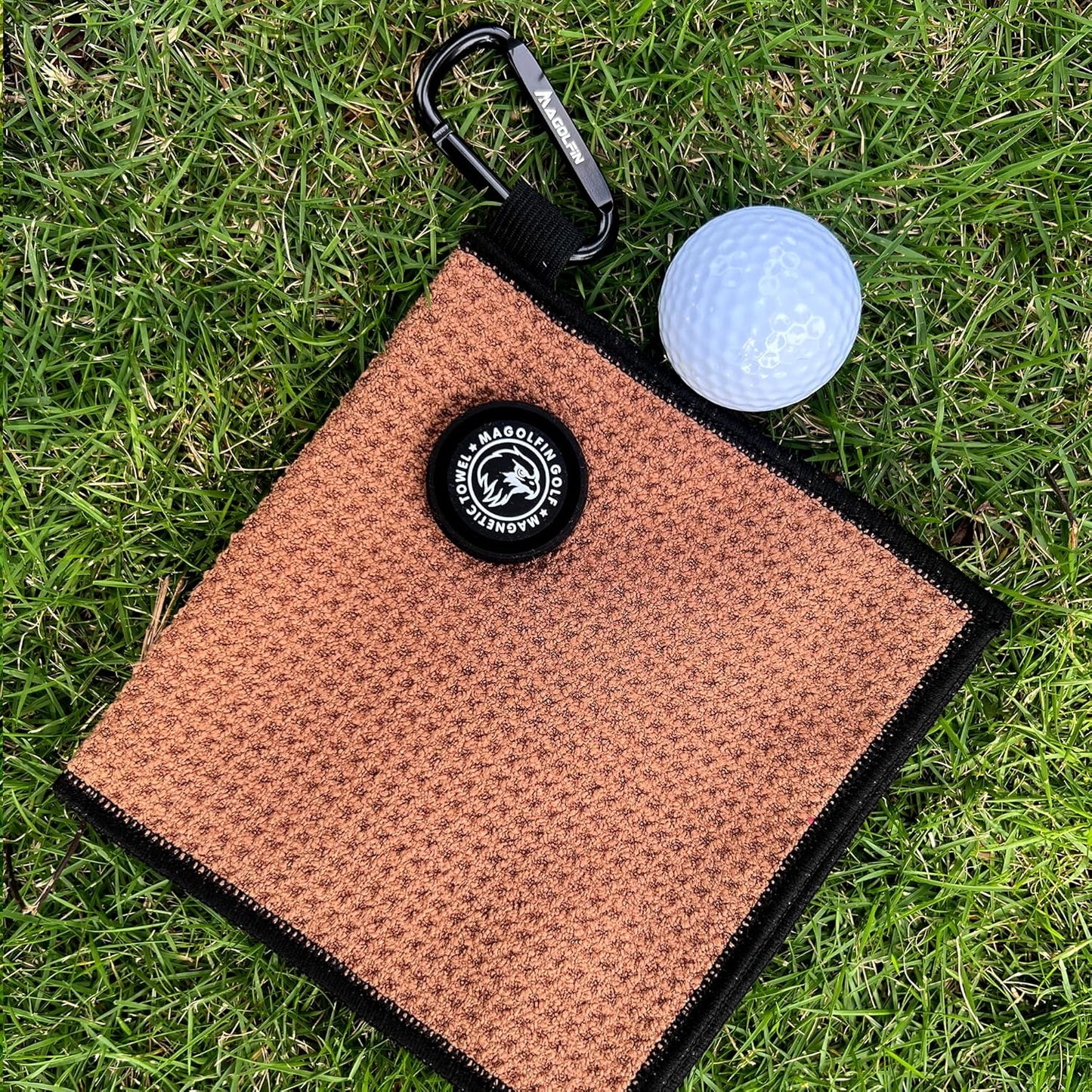 Small Magnetic Golf Towel with Clip, Microfiber Waffle Design - Industrial Strength Magnet for Glof Balls, Golf Bags, Carts Clubs - Brown